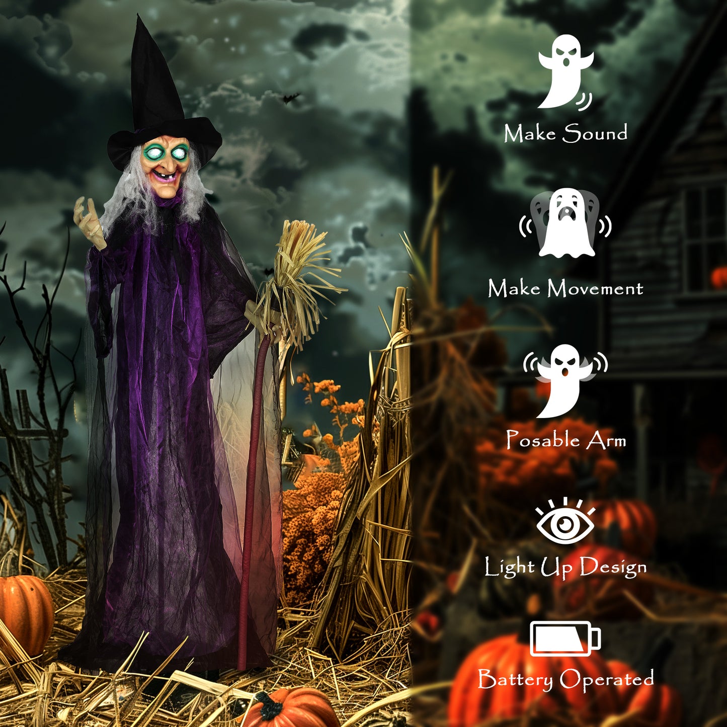 183 cm Life Size Halloween Animated Standing Witch & Broomstick with Glowing LED Eyes, Spooky Witch Scary Halloween Decorations, Battery Operated, Indoor Party Props