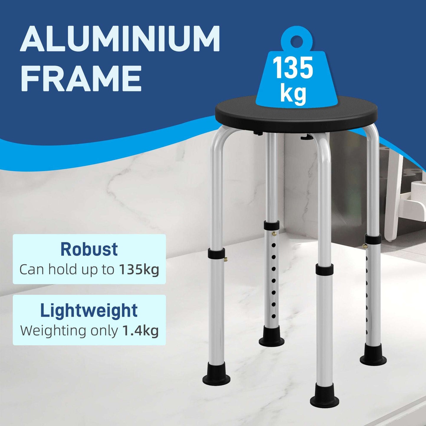 Shower Chair, Height Adjustable Aluminium Shower Stool with Non-Slip Feet