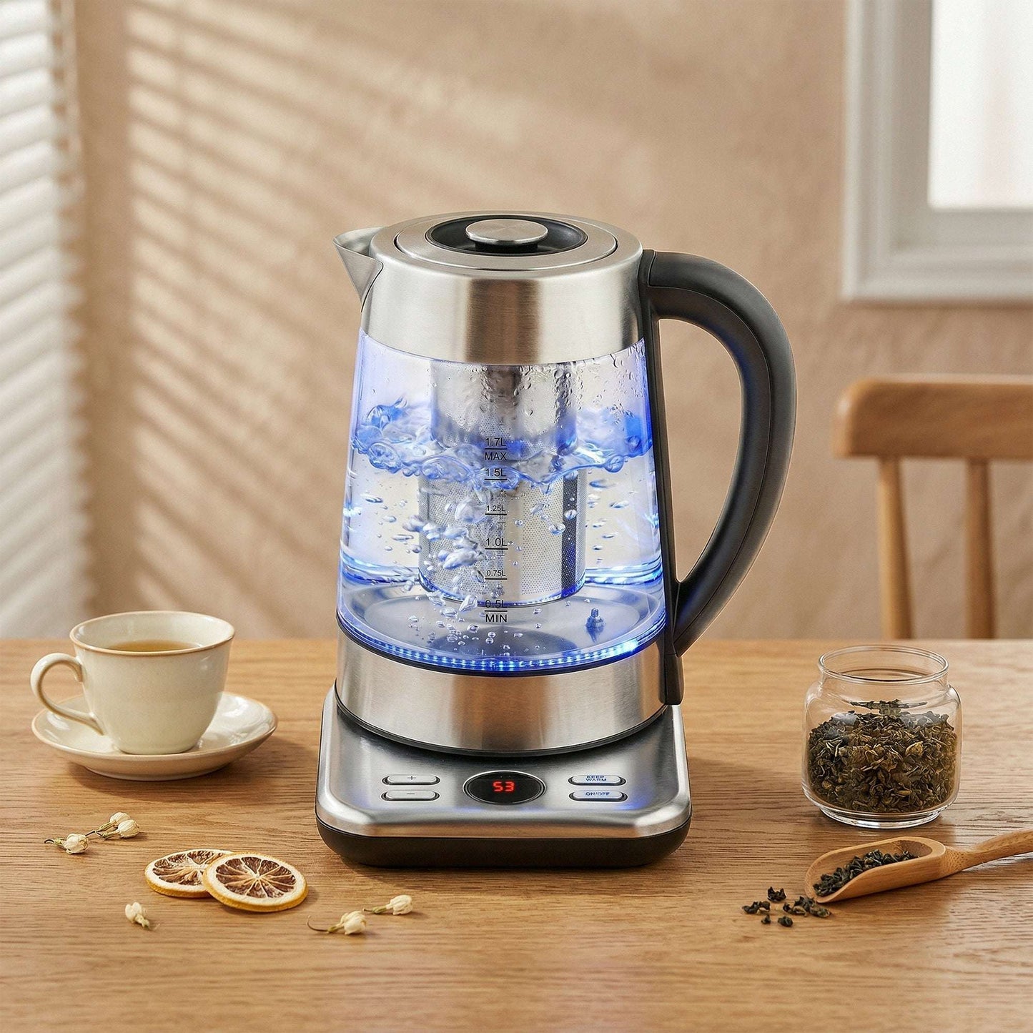 1.7L Glass Electric Kettle | 3000W Strix Controller | 5 Temperature Presets 60-100°C | 2hr Keep-Warm | Built-In Tea Infuser | LCD Display | Stainless Steel Base | 70cm Cable | Silver