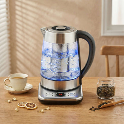 1.7L Glass Electric Kettle | 3000W Strix Controller | 5 Temperature Presets 60-100°C | 2hr Keep-Warm | Built-In Tea Infuser | LCD Display | Stainless Steel Base | 70cm Cable | Silver