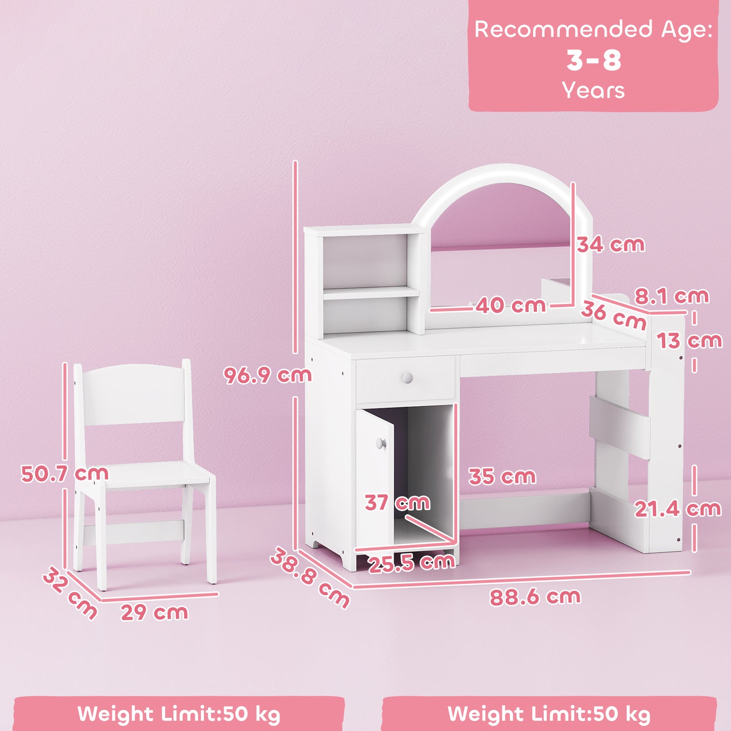 AIYAPLAY Kids Vanity Table and Chair Set, Girls Dressing Table with 2-Colour LED Mirror, Stool, Cabinet, Drawer, Shelves, White