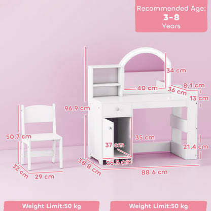 AIYAPLAY Kids Vanity Table and Chair Set, Girls Dressing Table with 2-Colour LED Mirror, Stool, Cabinet, Drawer, Shelves, White