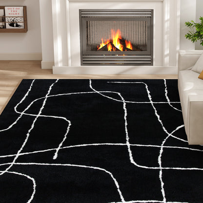 Modern Fluffy Area Rug, Geometric Pattern Washable Rug, Soft High Pile Floor Carpet for Living Room, Bedroom, Dining Room, Home Office, 170 x 120 cm, Black