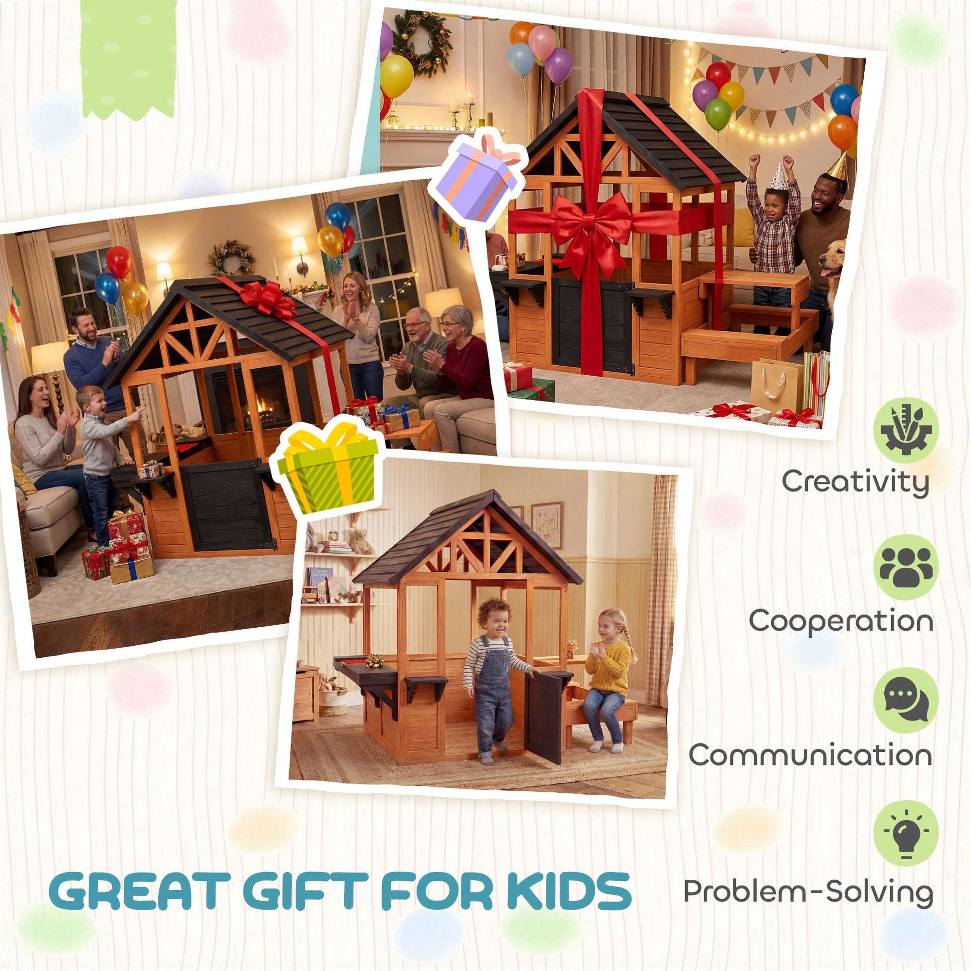 Wooden Kids Playhouse | Table & 2 Benches | Sink Basin | Flower Holders | Windows | Half-Door | 50kg | Ages 3-8 | Brown
