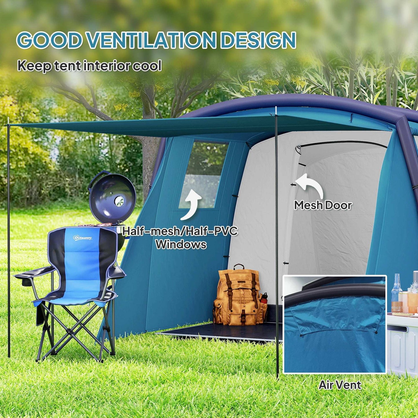 Inflatable 3-4 Man Tunnel Tent w/ Air Pump, Living Area & Vestibule, Waterproof Family Camping Air Tent, Hiking, Blue