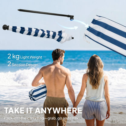 Beach Umbrella Parasol | 1.8m | 30° Tilt | UPF30+ | 130-210cm Adjustable | Sand Anchor | Carry Bag | Blue & White