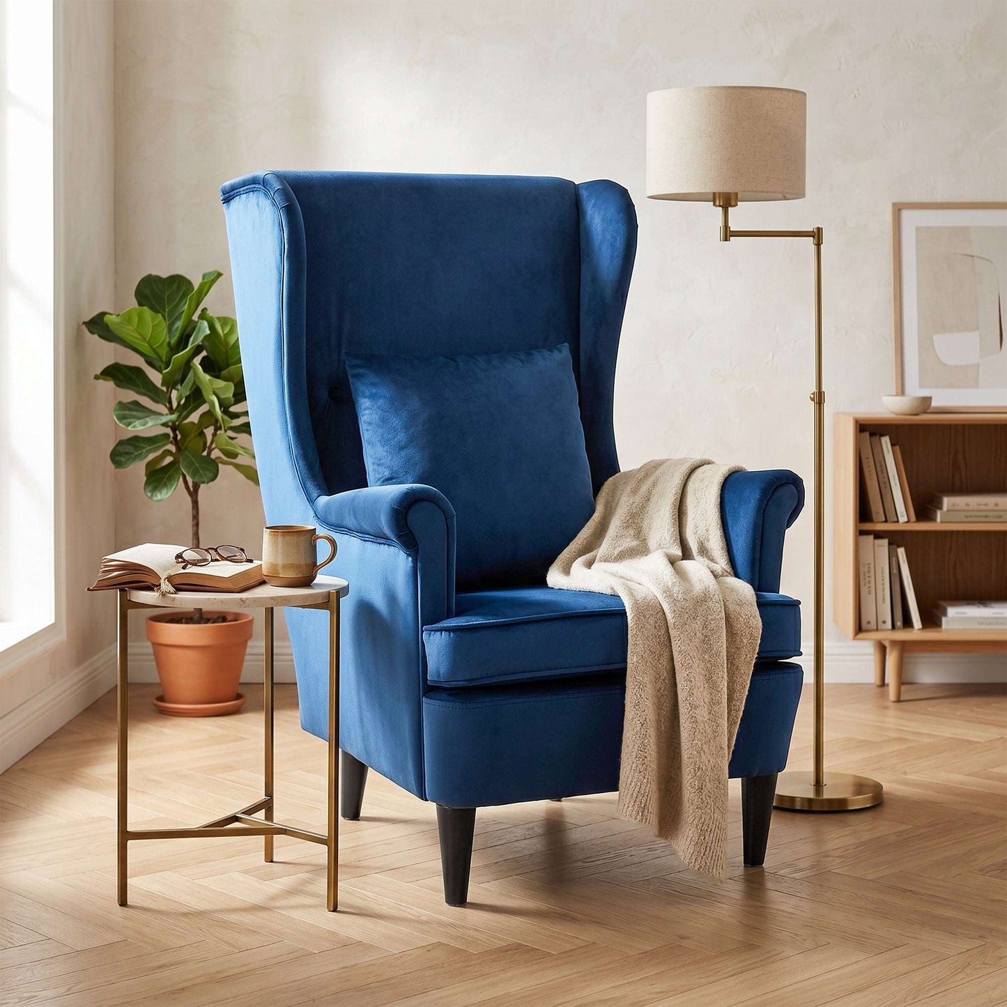 Velvet Wingback Accent Chair | 70cm High Back | Removable Washable Pillow Cover | Thick Sponge Seat | Solid Wood Legs | Non-Slip Pads | 120kg Capacity | 75x83x104cm | Blue