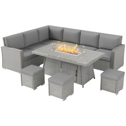 7 Piece PE Rattan 6 Seater Garden Furniture Set, 50,000 BTU Gas Fire Pit Table, Double Corner Sofa and 3 Footstools, for Conservatory, Grey