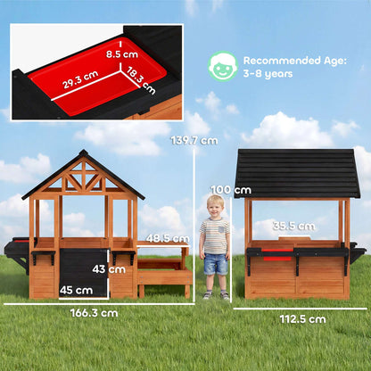 Wooden Kids Playhouse | Table & 2 Benches | Sink Basin | Flower Holders | Windows | Half-Door | 50kg | Ages 3-8 | Brown