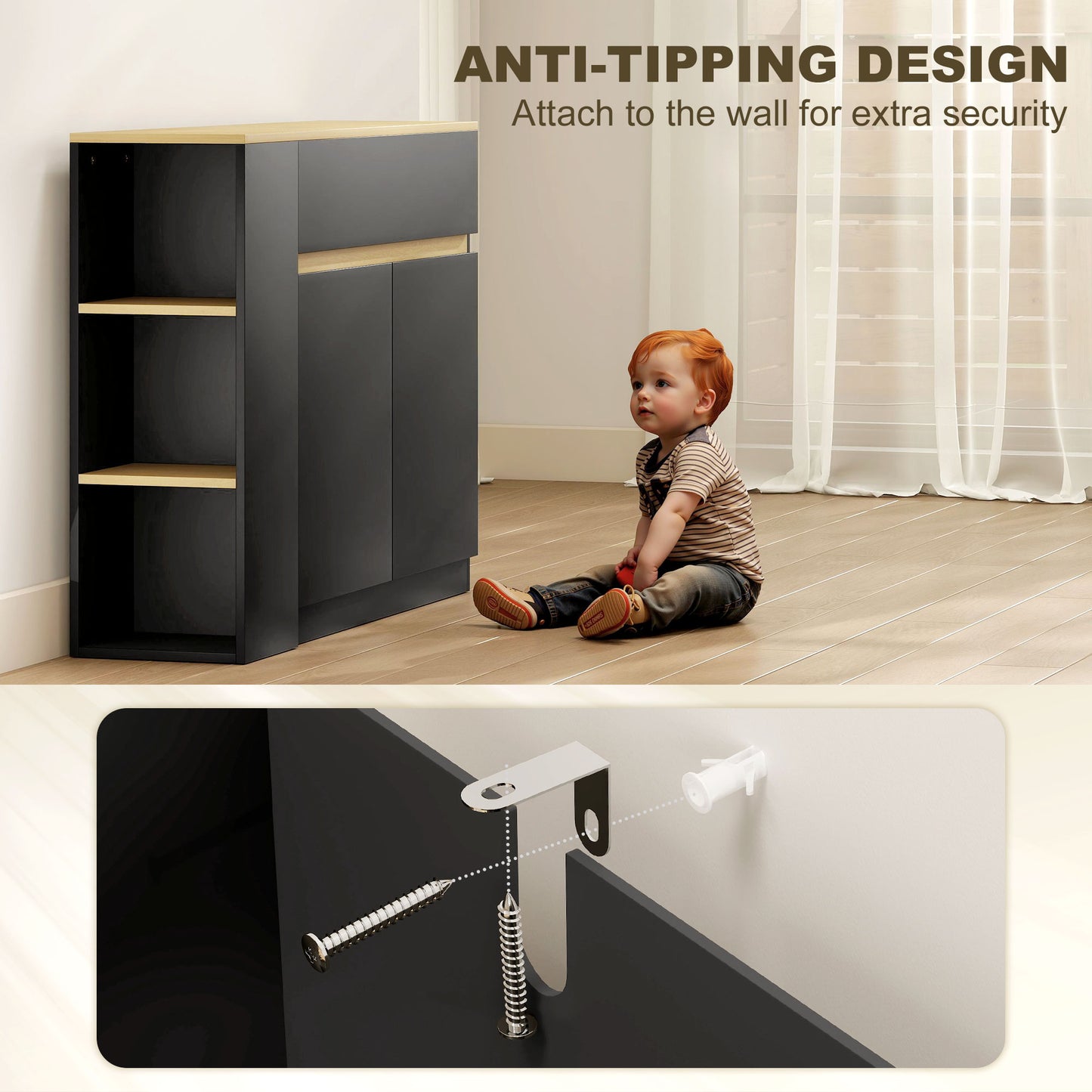Sideboard & Storage Cabinet | Divided Drawer | 3 Open Shelves | Adjustable Cabinet Shelf | Anti-Tip | 60kg | Black