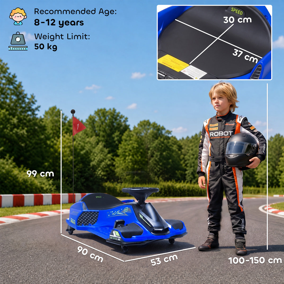 12V Kids Electric Drift Go-Kart | 2 Speeds, 3–8km/h, Soft Start & 7Ah Battery | Colourful LED Lights & Music | Blue | Ages 8–12, Max 50kg