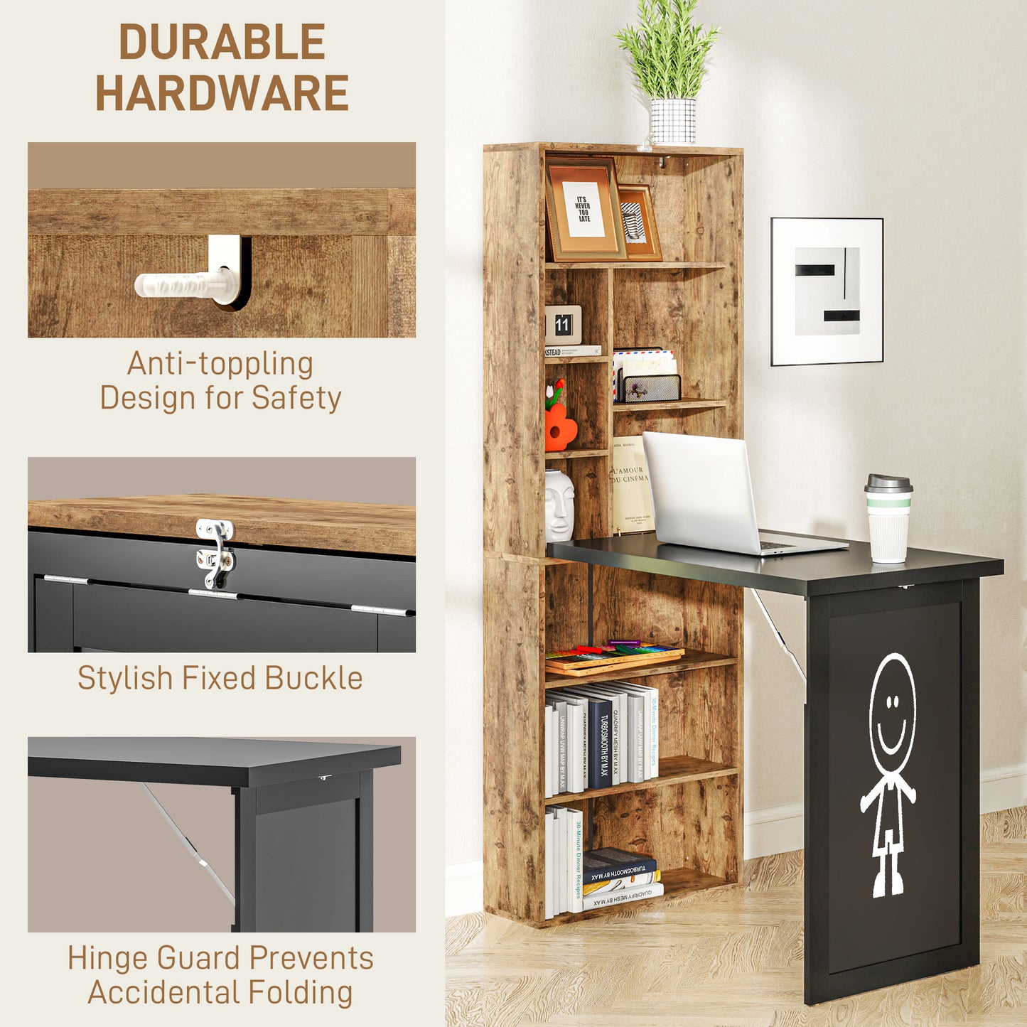 Folding Desk with Blackboard Multi-function Computer Office Workstation Side Shelf for Home Office, Rustic Brown