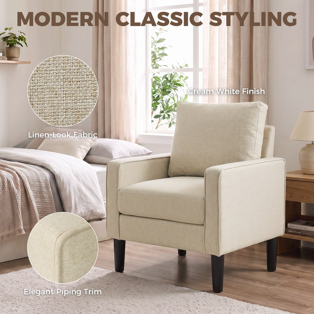 Accent Armchair | Cream, Grey & Green Linen-Look Chair with Spring Seat and Removable Pillow