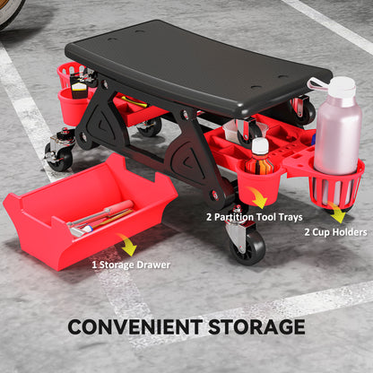 Rolling Mechanic Stool, 135kg Capacity Workshop Stool with 360° Swivel Wheels, Roller Creeper Seat with Slide Out Tool Trays, Drawer, Bottle Holders for Garage, Shop, Auto Repair