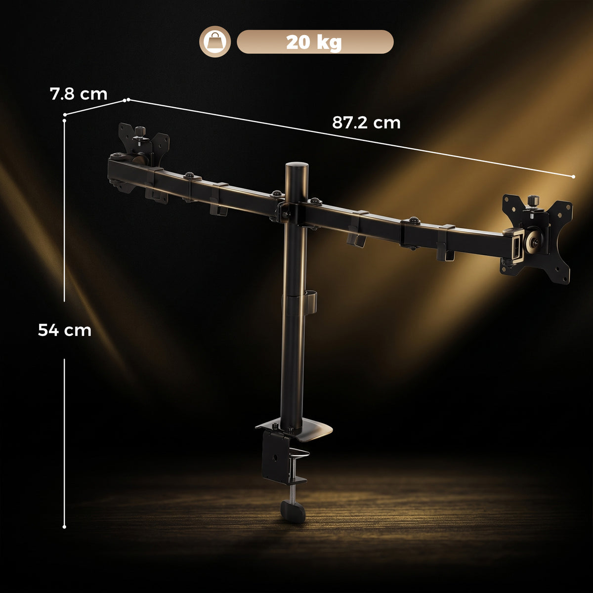 Dual Monitor Stand | 2 Screens up to 32 Inch | Height Adjustable, Tilt, Swivel & 360° Rotation | 20kg Capacity | Black Steel