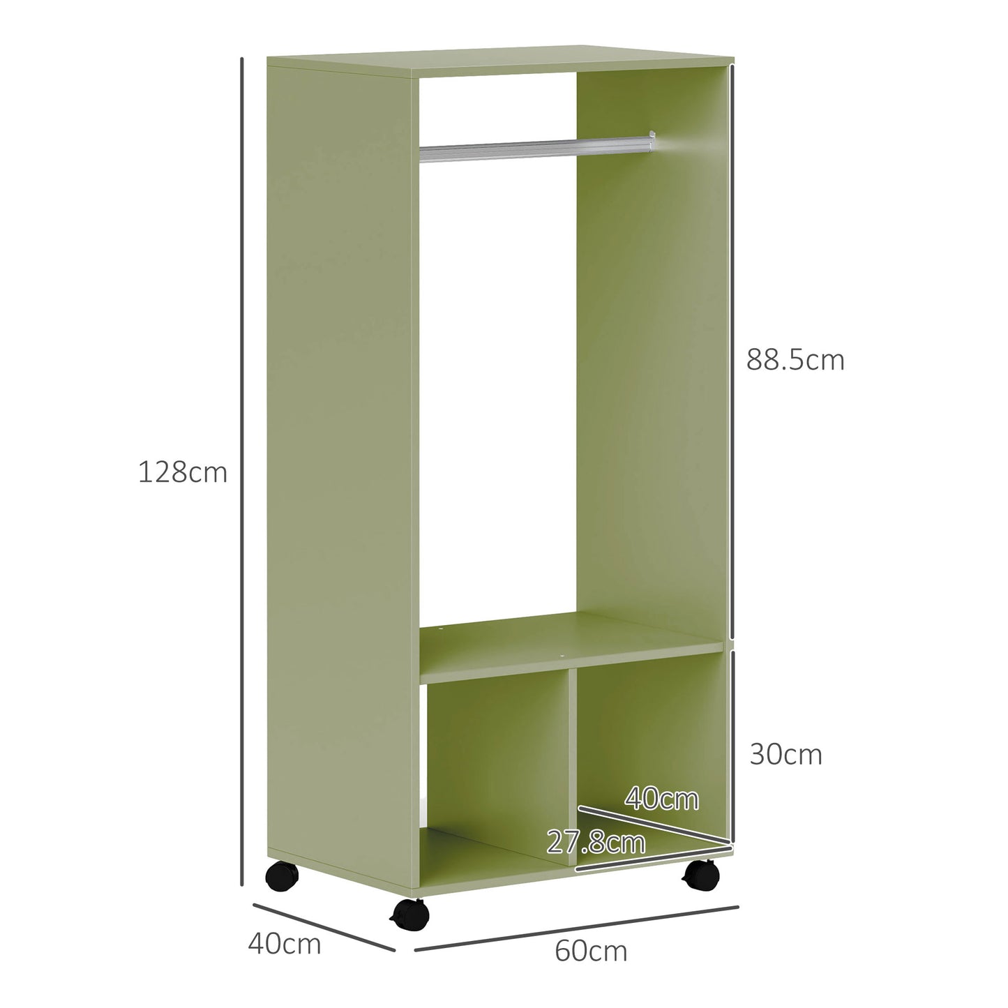Open Wardrobe for Bedroom, Small Wardrobe on Wheels with Clothes Rail, Storage Shelves, Mobile Garment Rack for Clothes Storage- Green