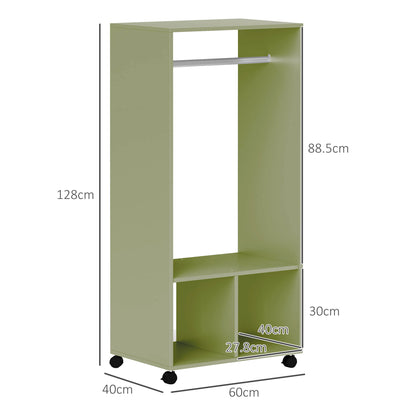 Open Wardrobe for Bedroom, Small Wardrobe on Wheels with Clothes Rail, Storage Shelves, Mobile Garment Rack for Clothes Storage- Green