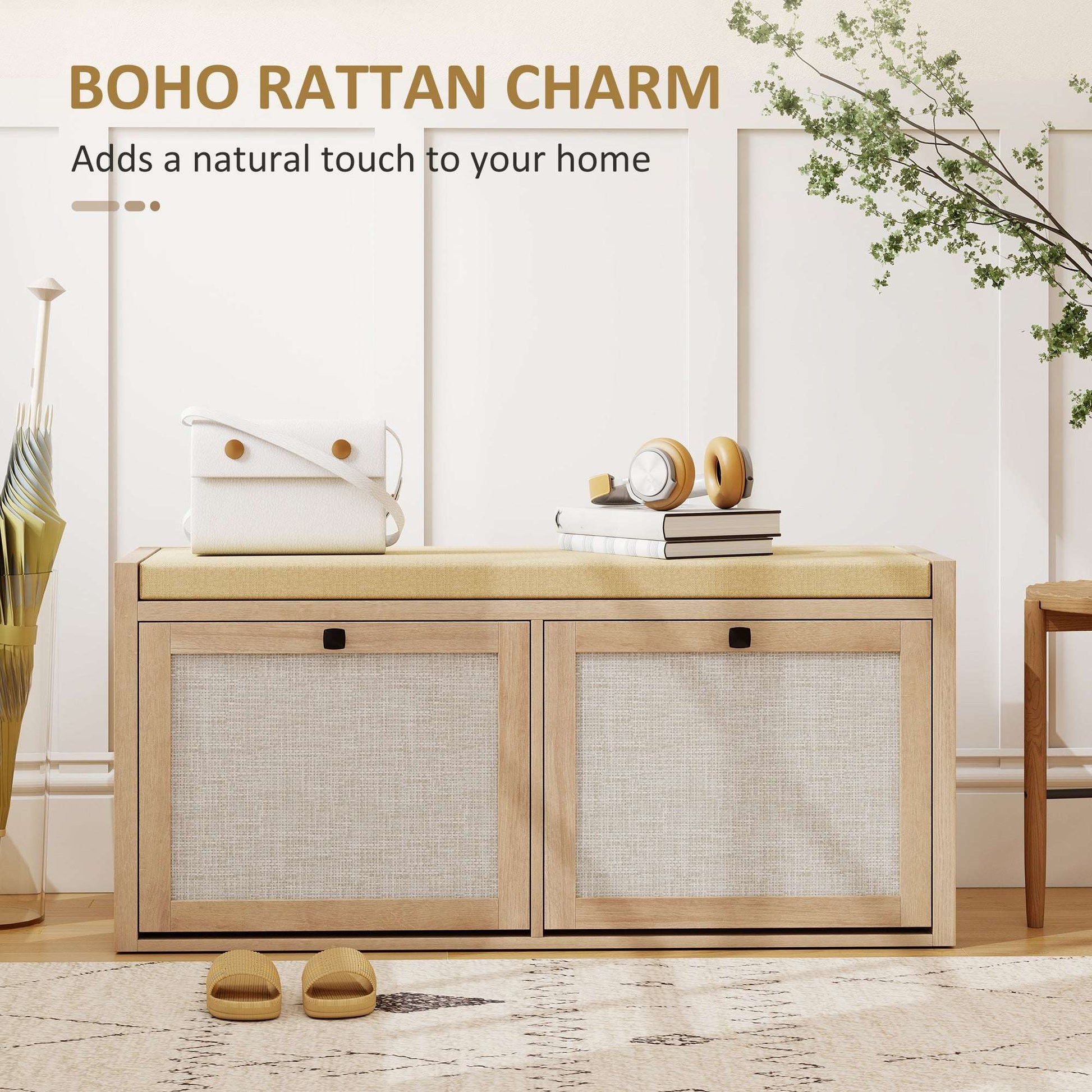 Hallway Shoe Bench | PE Rattan Doors | 4.5cm Foam Padded Seat for 2 | 2 Flip-Down Cabinets | Magnetic Catches | BS5852 Compliant | 180kg Capacity | 105x35x50cm | Oak Wood Effect