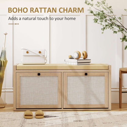 Hallway Shoe Bench | PE Rattan Doors | 4.5cm Foam Padded Seat for 2 | 2 Flip-Down Cabinets | Magnetic Catches | BS5852 Compliant | 180kg Capacity | 105x35x50cm | Oak Wood Effect