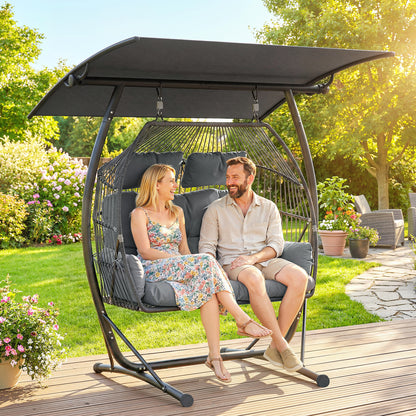 Double Hanging Egg Chair with Canopy | 2-Seater | 10cm Cushion & 2 Headrests | 240kg | Dark Grey