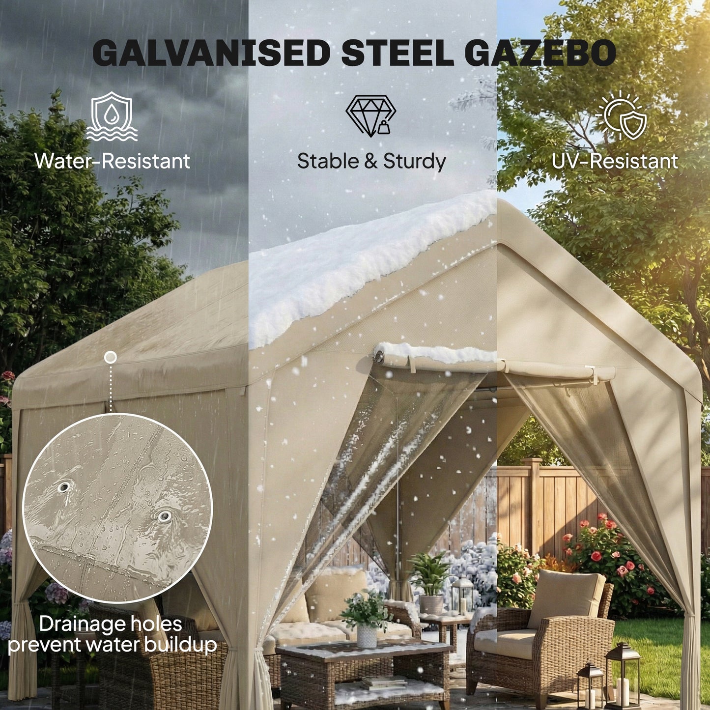 3x3m Patio Gazebo with Netting & Curtains | Dual-Layer Sidewalls | Mesh Apex Roof UV30+ | PVC-Coated Fabric | Flexible 4-Entry Door System | Galvanised Steel Frame | Windproof Level 4-6 | Snow Rated | Khaki