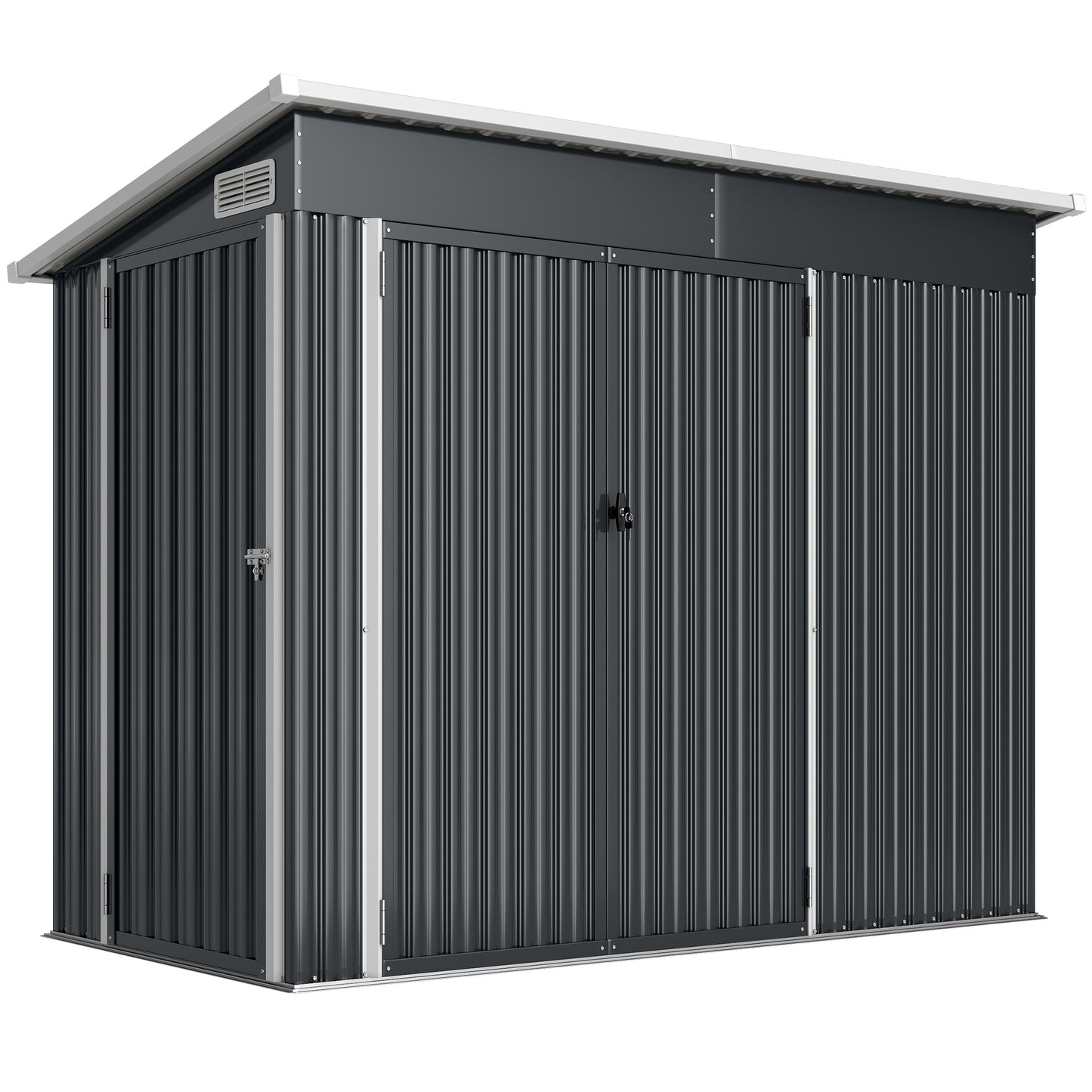 Galvanised Steel Garden Storage Shed | Triple Lockable Access | Double Front Doors & Side Door | Powder-Coated | Ventilation Slots | Sloped Roof | 25kg/m² Snow Load | 234x132x185cm | 2.68m² | Dark Grey