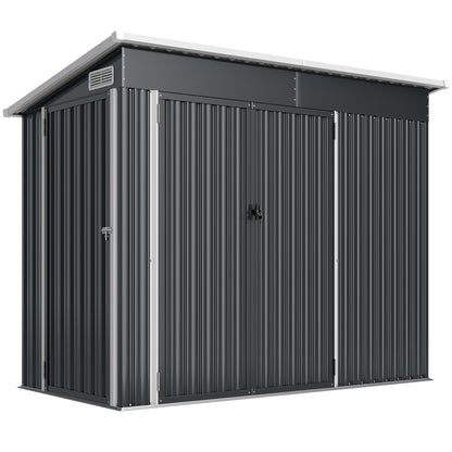 Galvanised Steel Garden Storage Shed | Triple Lockable Access | Double Front Doors & Side Door | Powder-Coated | Ventilation Slots | Sloped Roof | 25kg/m² Snow Load | 234x132x185cm | 2.68m² | Dark Grey