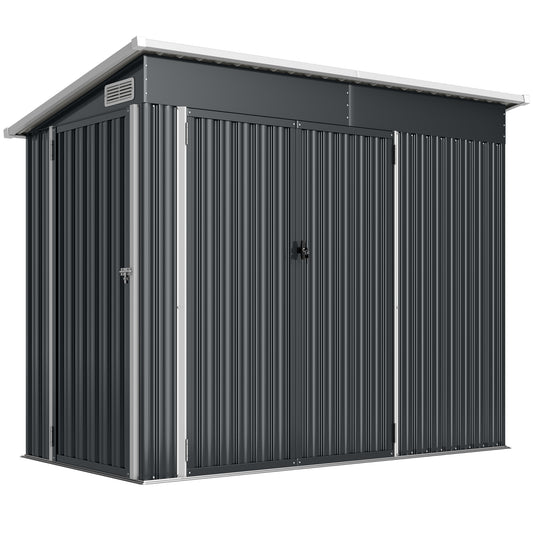 Galvanised Steel Garden Storage Shed | Triple Lockable Access | Double Front Doors & Side Door | Powder-Coated | Ventilation Slots | Sloped Roof | 25kg/m² Snow Load | 234x132x185cm | 2.68m² | Dark Grey