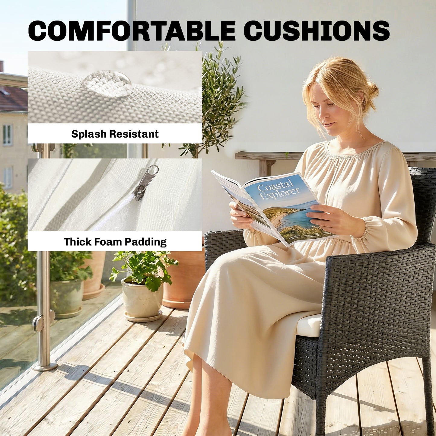 3 Piece Rattan Bistro Set | 2 Cushioned Armchairs | 2-Tier Tempered Glass Table | PE Wicker | Steel Frame | 120kg | Cream White & Black