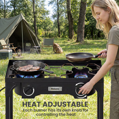 Outsunny Double Burner Camping Stove – 150,000 BTU High-Pressure Propane Gas Stove, Detachable Legs, Individual Heat Control, Regulator & Hose Included – Black