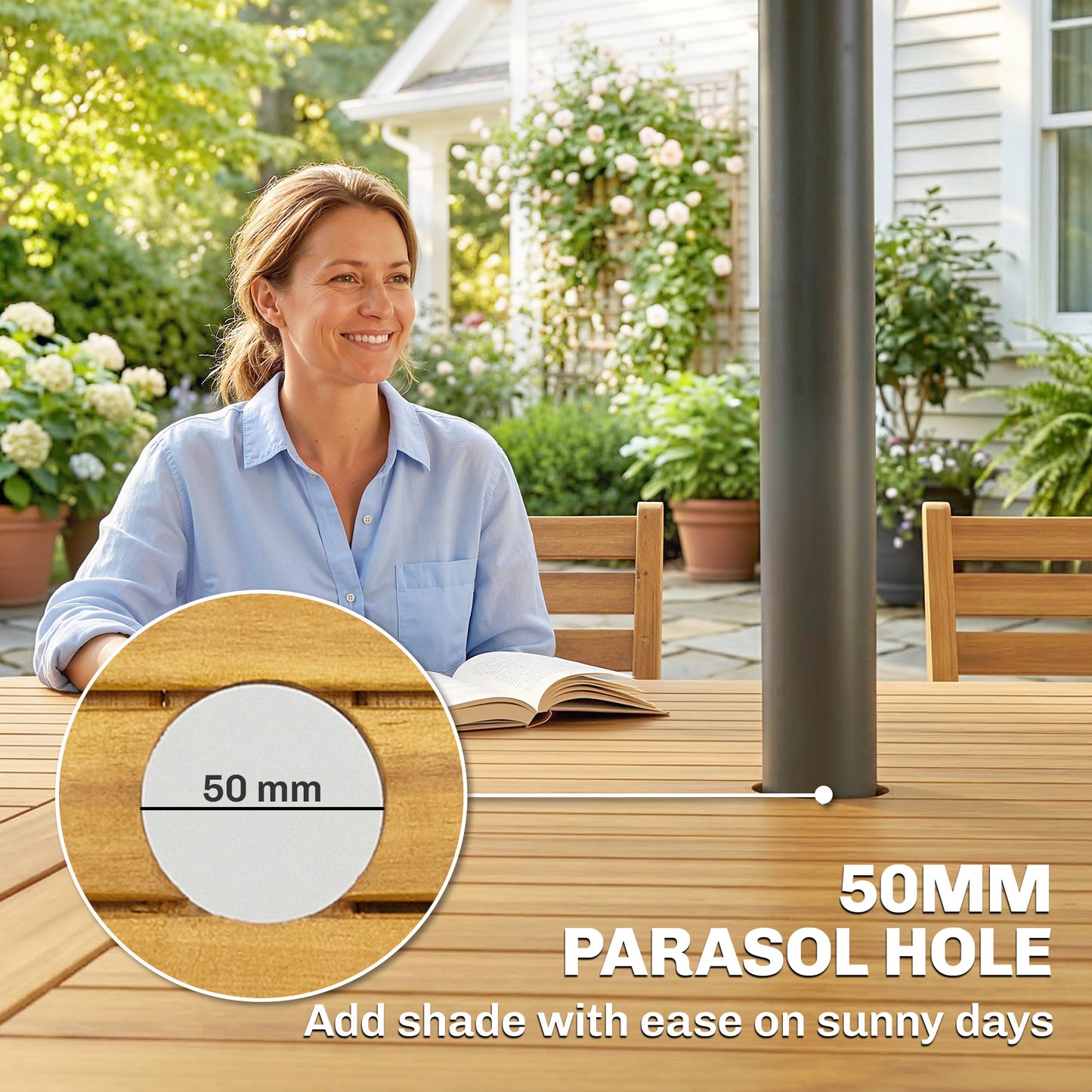 FSC Acacia 7-Piece Garden Dining Set | Extending Table | 6 Folding Chairs | Umbrella Hole | 130cm | Natural Wood