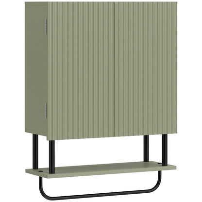 Bathroom Wall Cabinet | Modern Space Saver | Wall Mounted | Double Door Storage | Open Shelf | Towel Rail | Green