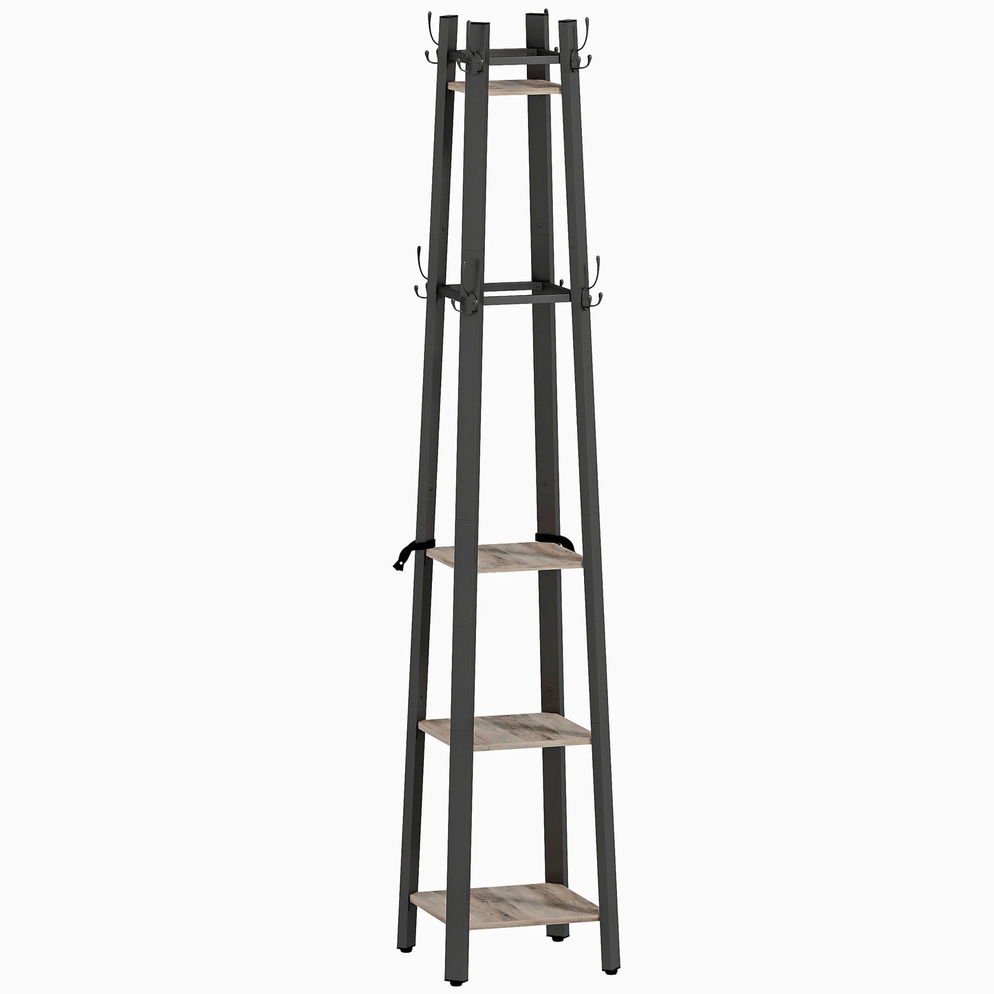 Industrial Coat Stand with 8 Hooks and 4 Shelves - Grey / Rustic Brown
