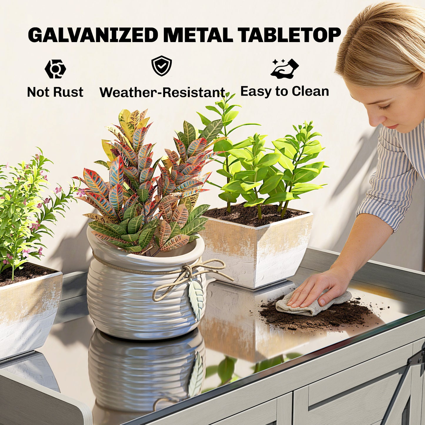 2-in-1 Fir Wood Potting Table & Garden Tool Storage Shed | Galvanised Metal Worktop | Double Doors | Shelf | Side Hooks | Raised Base | Water-Based Paint | 71.5x39x95cm | 30kg Capacity | Grey