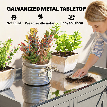 2-in-1 Fir Wood Potting Table & Garden Tool Storage Shed | Galvanised Metal Worktop | Double Doors | Shelf | Side Hooks | Raised Base | Water-Based Paint | 71.5x39x95cm | 30kg Capacity | Grey