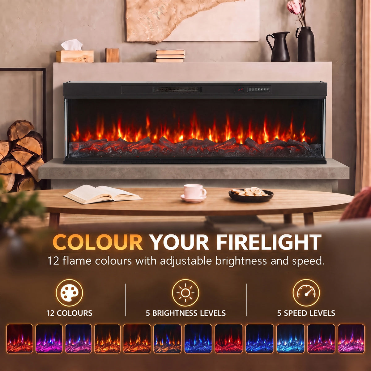 153cm Electric Fireplace Insert | 3-Sided Panoramic Log Effect | 900/1800W, 12 Colours, Remote & Weekly Timer | Black
