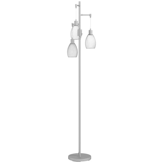 170cm Industrial 3-Light Floor Lamp, Dimmable Standing Lamp with Steel Lampshades for Living Room, Bedroom, Dinging Room, Study, Silver Tone