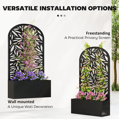 Metal Raised Planter with Curved Leaf Trellis & Privacy Screen | Wall Mounted or Freestanding | 29L Soil | 50kg | Powder-Coated | 61x23x113cm | Climbing Plants | Black