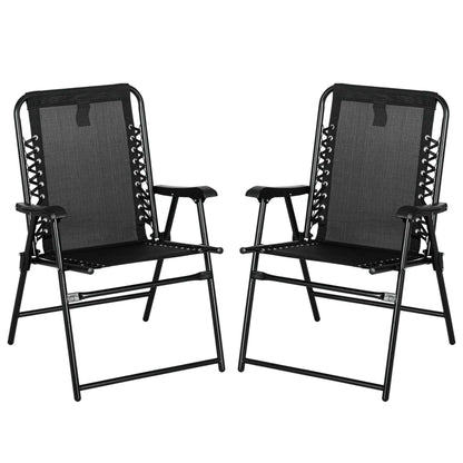 2 Piece Patio Folding Chair Set, Outdoor Portable Loungers for Camping Pool Beach Deck, Lawn w/ Armrest Steel Frame Black