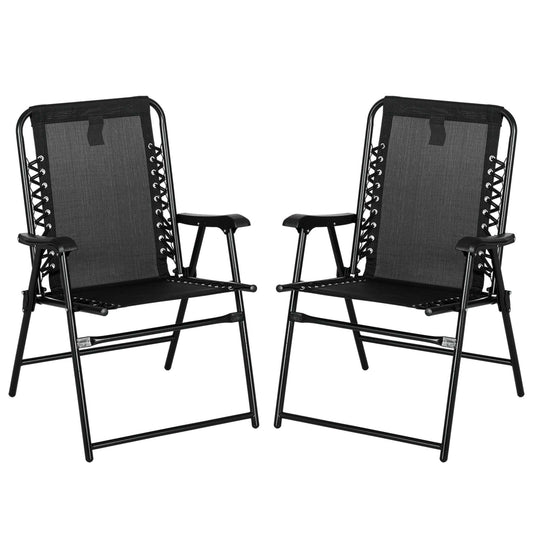 2 Piece Patio Folding Chair Set, Outdoor Portable Loungers for Camping Pool Beach Deck, Lawn w/ Armrest Steel Frame Black
