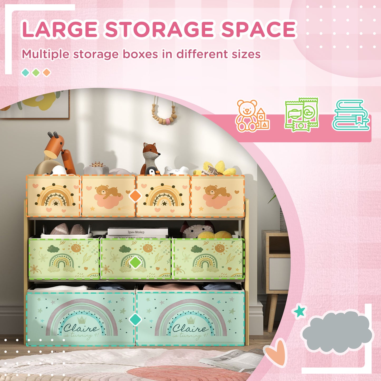 AIYAPLAY 3-Tier Kids Storage Unit with 9 Non-Woven Fabric Boxes for Toys, Books for Bedroom, Nursery, Yellow