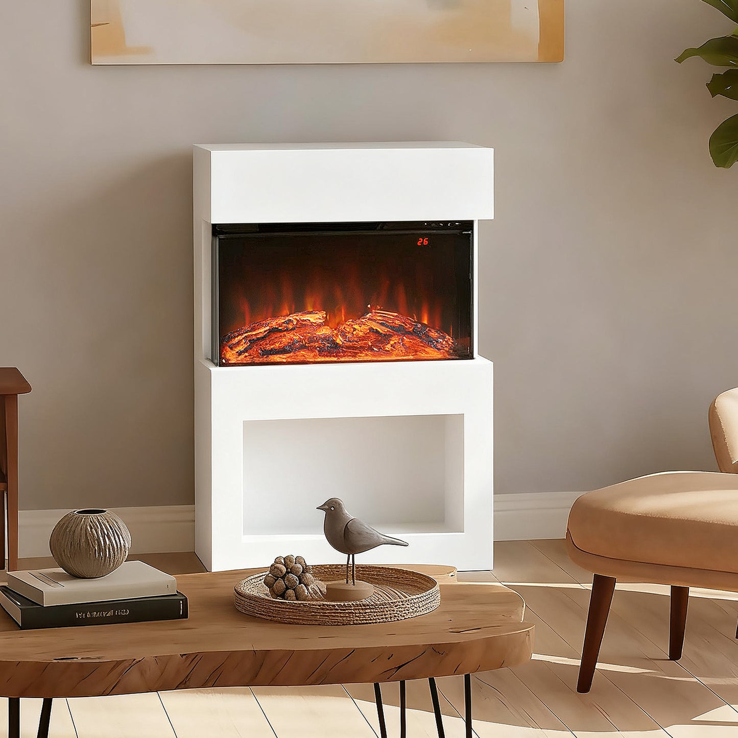 Electric Fireplace with 3D Flame Effect, 6 Colours & 3 Brightness Levels, 1000W/2000W Electric Fire and Mantel Reach up to 30㎡ Space with Remote & Timer