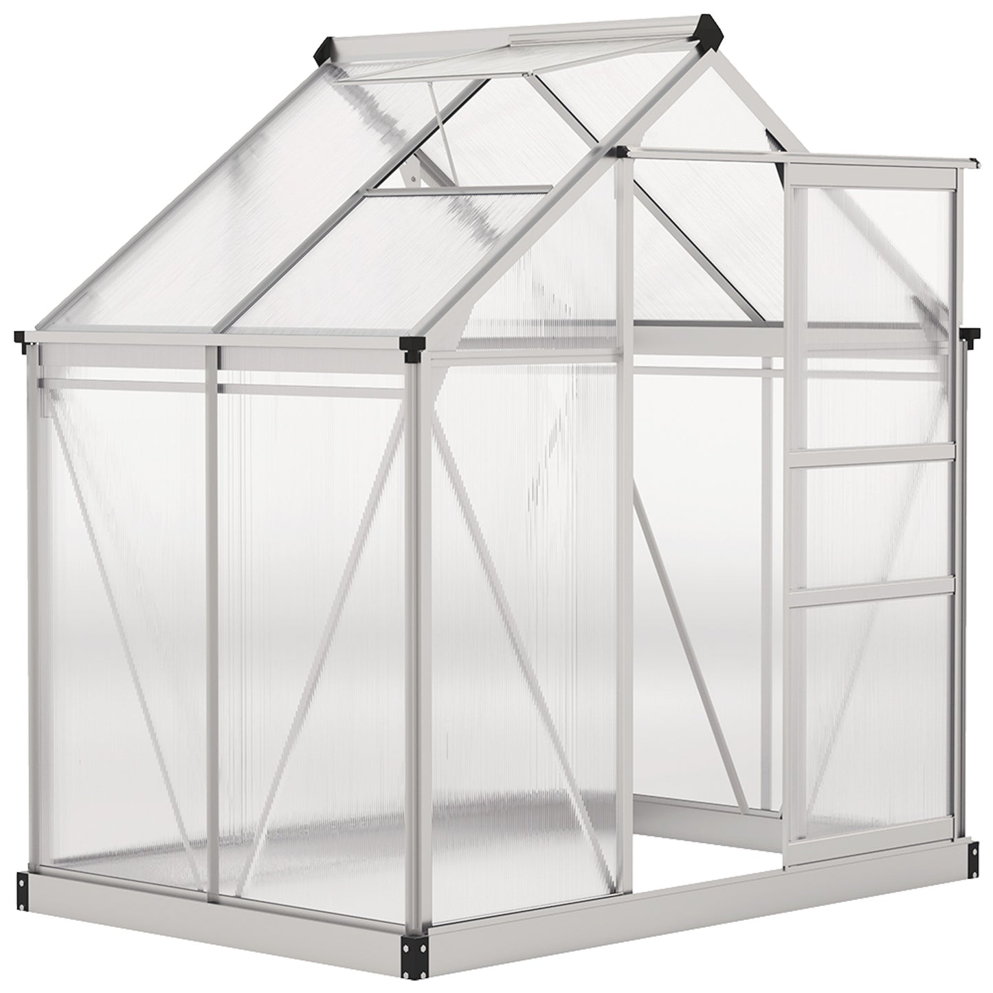 Walk-In Polycarbonate Greenhouse | 6x4ft | Aluminium Frame | Sliding Door | Roof Vent | 40kg/m² Snow Load | Silver