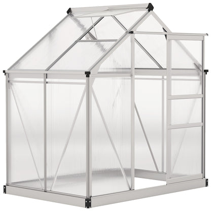 Walk-In Polycarbonate Greenhouse | 6x4ft | Aluminium Frame | Sliding Door | Roof Vent | 40kg/m² Snow Load | Silver