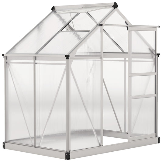 Walk-In Polycarbonate Greenhouse | 6x4ft | Aluminium Frame | Sliding Door | Roof Vent | 40kg/m² Snow Load | Silver