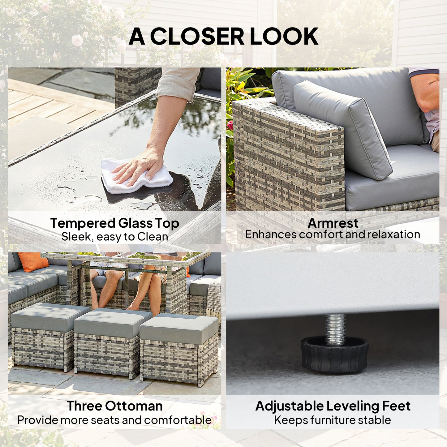 10-Piece PE Rattan Garden Furniture Set | 6 Chairs | 3 Footstools | Tempered Glass Dining Table | 10cm Zip Cushions | 4 Accent Pillows | L-Shaped Feet | 120kg Capacity | Grey & Dark Grey