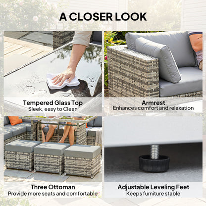 10-Piece PE Rattan Garden Furniture Set | 6 Chairs | 3 Footstools | Tempered Glass Dining Table | 10cm Zip Cushions | 4 Accent Pillows | L-Shaped Feet | 120kg Capacity | Grey & Dark Grey