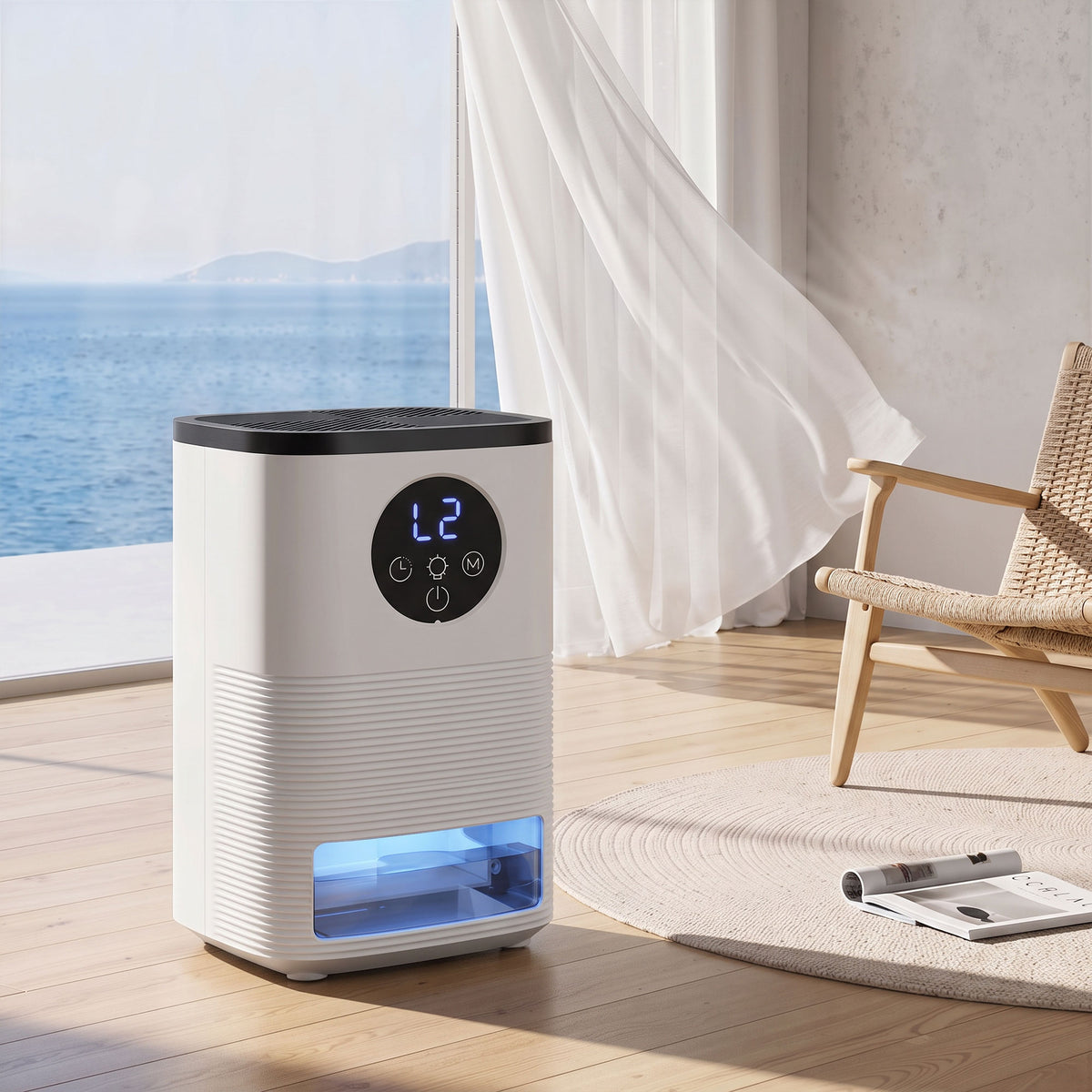 300ml/Day Small Dehumidifier | 1.4L Tank (133hrs) | 7-Colour RGB Mood Light | 43dB Sleep Mode | 4–24H Timer | LED Touch Panel | Auto Shut-Off & Defrost | 15m² | ABS | 15.2x13.5x24cm | White