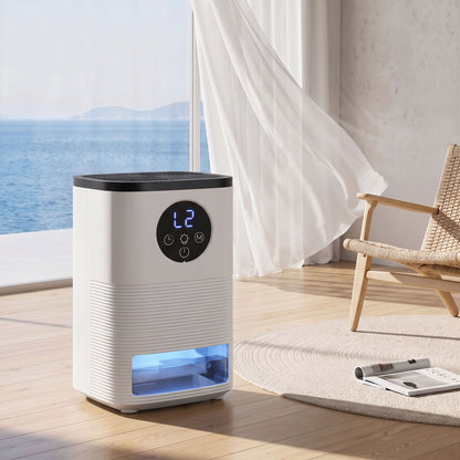 300ml/Day Small Dehumidifier | 1.4L Tank (133hrs) | 7-Colour RGB Mood Light | 43dB Sleep Mode | 4–24H Timer | LED Touch Panel | Auto Shut-Off & Defrost | 15m² | ABS | 15.2x13.5x24cm | White
