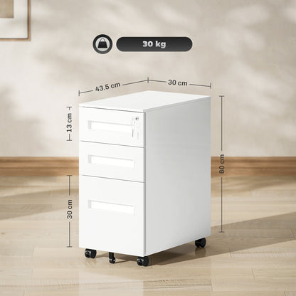 3 Drawer Slim Mobile Steel Filing Cabinet | Under Desk | 30x43.5x60cm | Lockable | A4 Legal Letter | 3 Compartment Pencil Tray | 4 Wheels | Pre-Assembled | 30kg | White